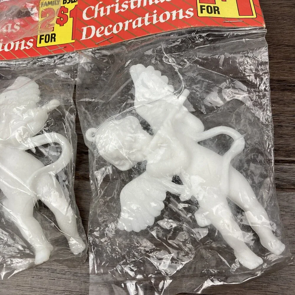 VTG Set 4 Musical Angel Cherub Christmas Ornaments White Plastic Harp Lute Flute